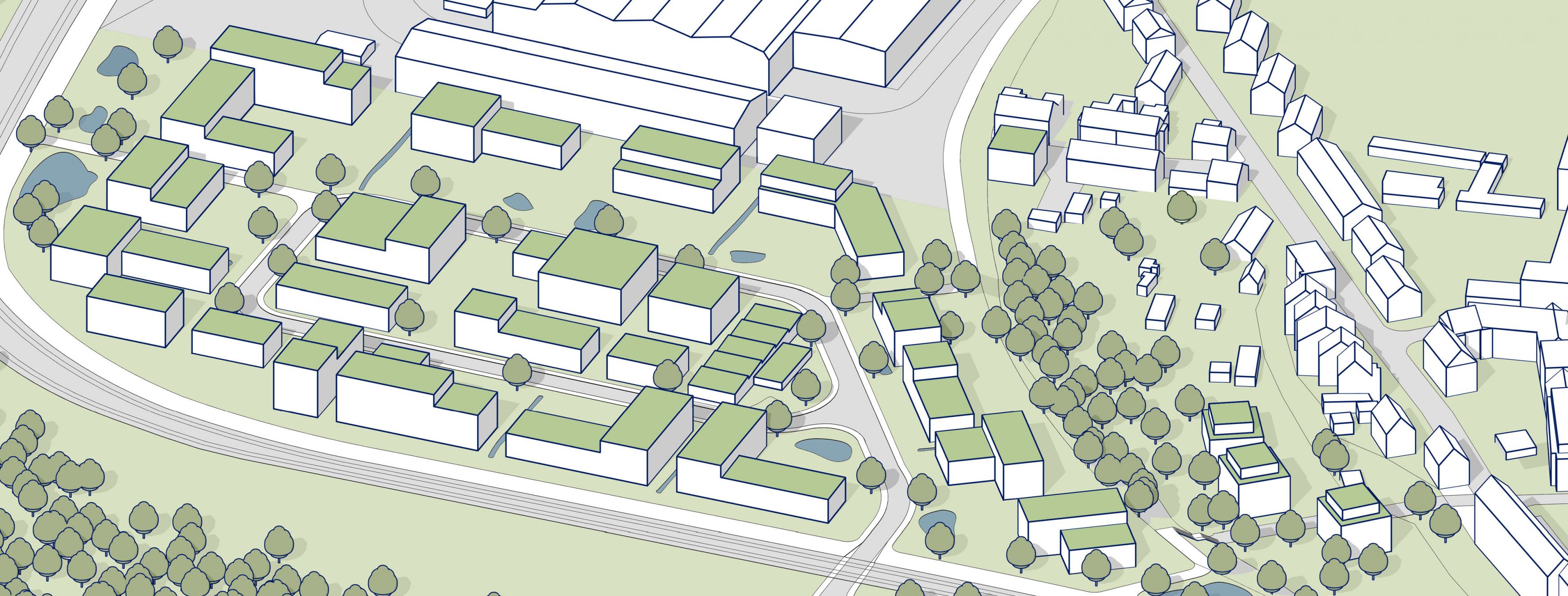 Illustrative Karte eines Stadtviertels mit Gebäuden, Straßen, Bäumen und Grünflächen in klarer, abstrahierter Darstellung.