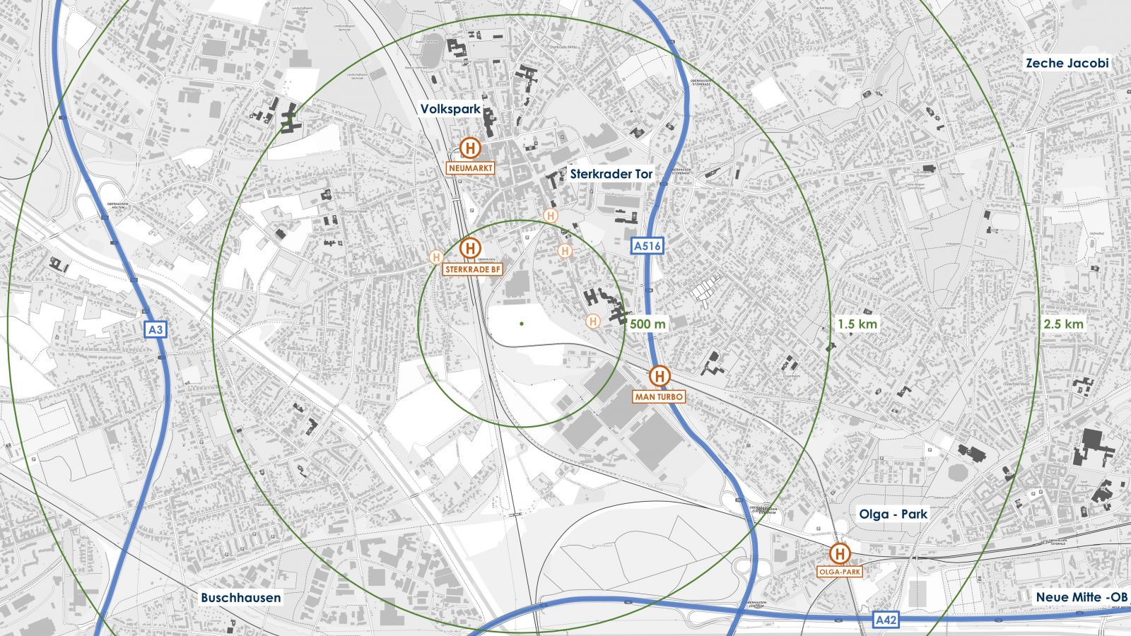 Stadtkarte mit Entfernungsringen zu Nahzielen, z. B. Sterkrader Tor, Olga-Park und Volkspark.
